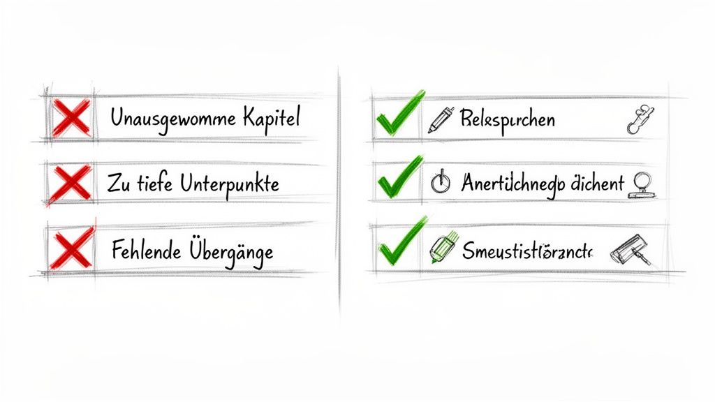Zwei Listen zur Gliederung einer Seminararbeit, eine mit roten Kreuzen für Fehler und eine mit grünen Haken für gute Praktiken.