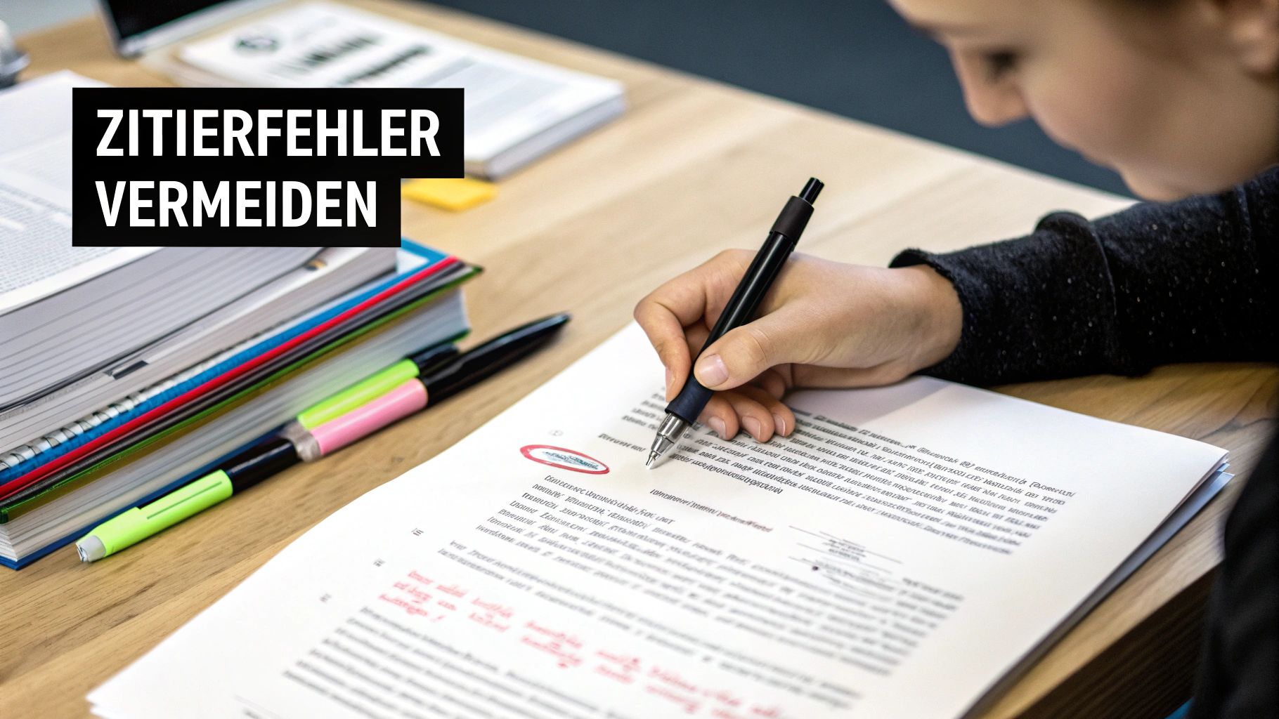 Ein Student prüft ein Dokument auf Zitierfehler auf einem Schreibtisch mit Büchern und Stiften.
