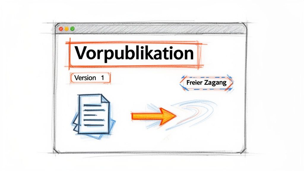 Skizze einer Vorpublikation in einem Browserfenster, zeigt Version 1 und freien Zugang mit Dokumenten und Pfeil.