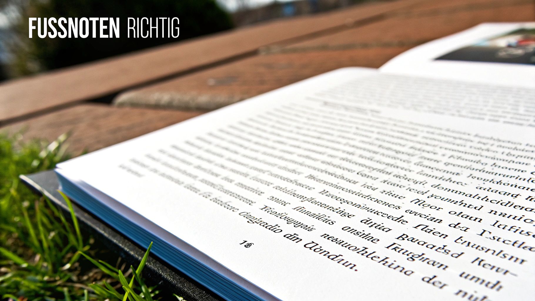 Offenes Buch mit der Aufschrift „FUSSNOTEN RICHTIG“ liegt auf einer Holzbank, umgeben von Gras. Eine Seite zeigt Text und die Seitenzahl 18.
