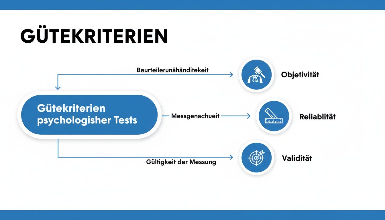 Dieses Diagramm zeigt die Gütekriterien psychologischer Tests: Objektivität, Reliabilität und Validität.