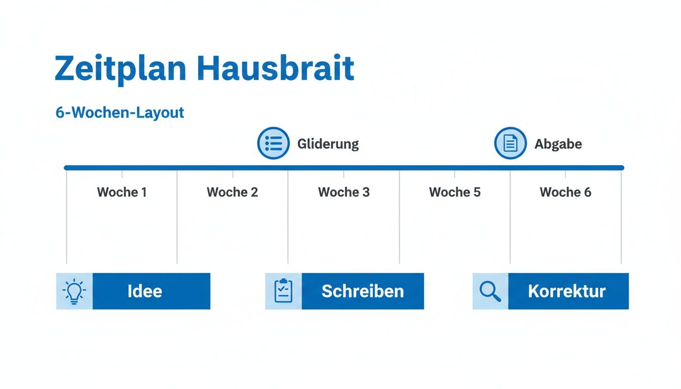 Ein 6-Wochen-Zeitplan für eine Hausarbeit mit Phasen von Idee, Gliederung, Schreiben und Korrektur bis zur Abgabe.