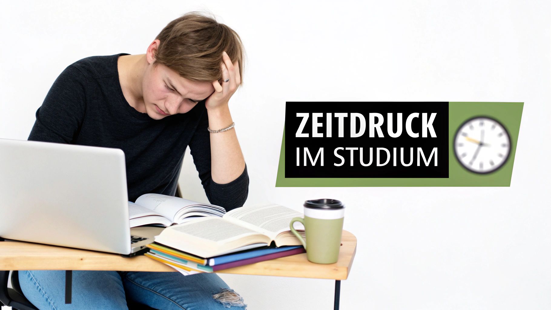 Ein gestresster Student mit Laptop und Büchern, daneben ein Textfeld mit 'Zeitdruck im Studium' und einer Uhr.