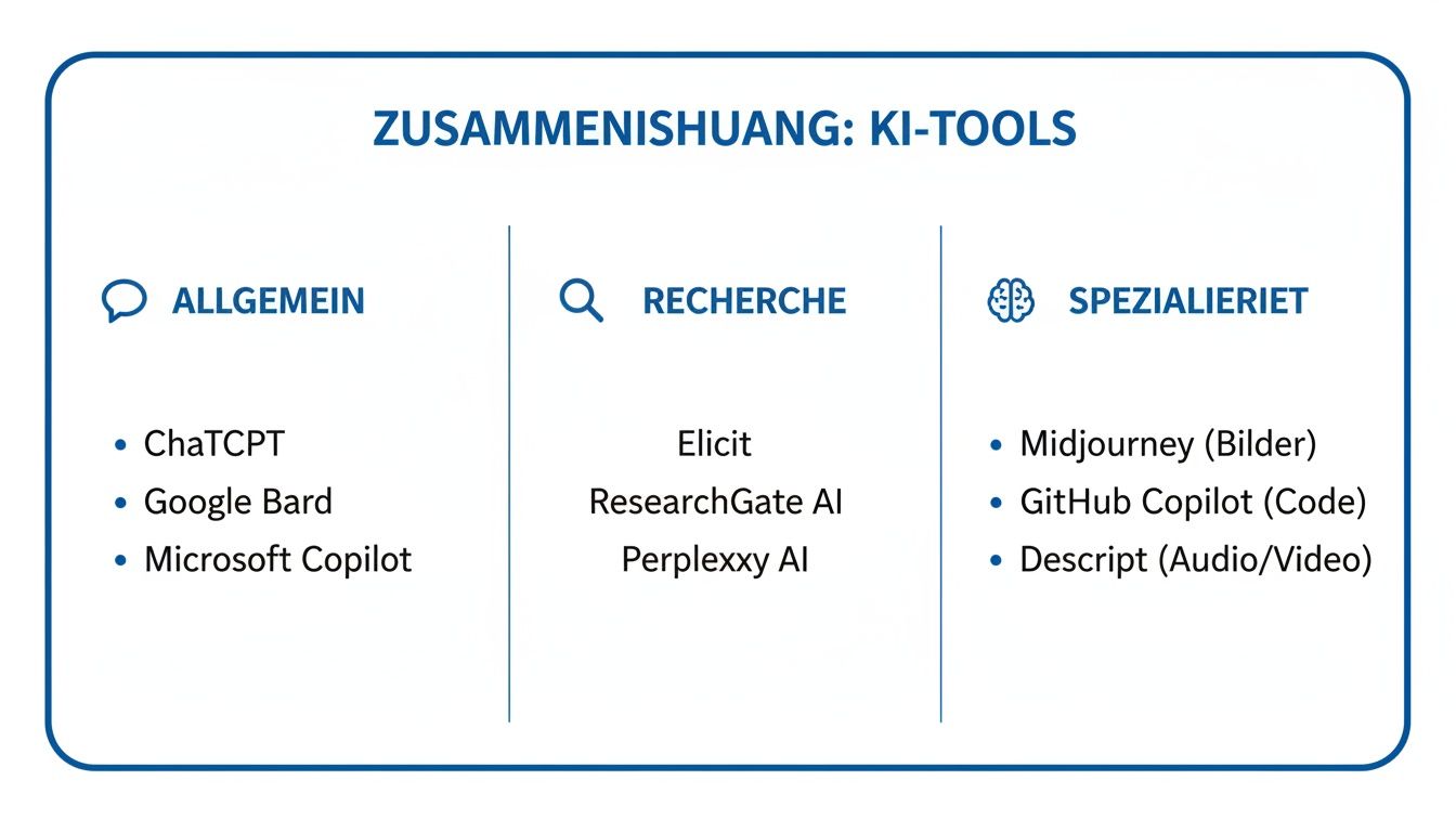 Übersicht von KI-Tools, unterteilt in allgemeine, Recherche- und spezialisierte Anwendungen für verschiedene Zwecke.
