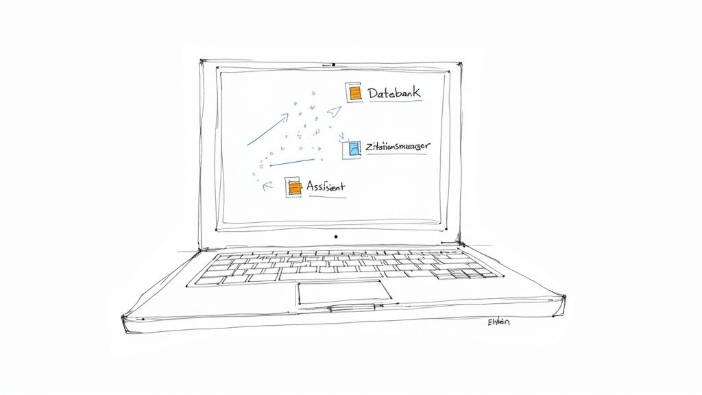 Handgezeichneter Laptop mit Schemadarstellung auf dem Bildschirm: Datenbank, Zitationsmanager und Assistent mit Datenflusspfeilen.
