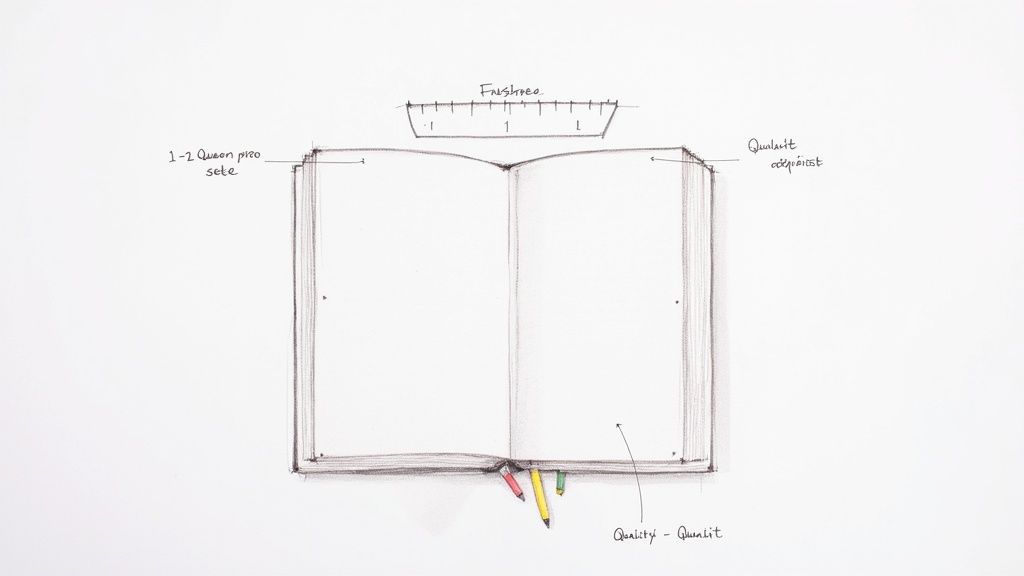 Skizze eines offenen Buches mit Notizen zu Qualität und Quellen sowie Buntstiften, nützlich für Hausarbeiten.