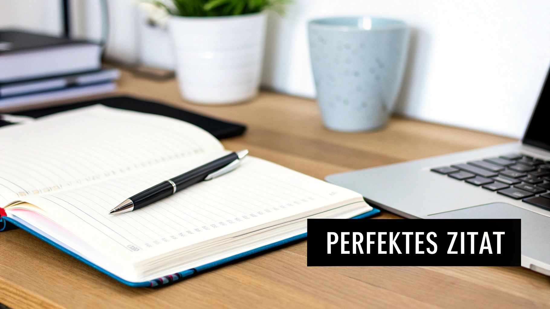 Ein Schreibtisch mit offenem Notizbuch und Stift, Laptop, Pflanze und Tasse, daneben der Text 