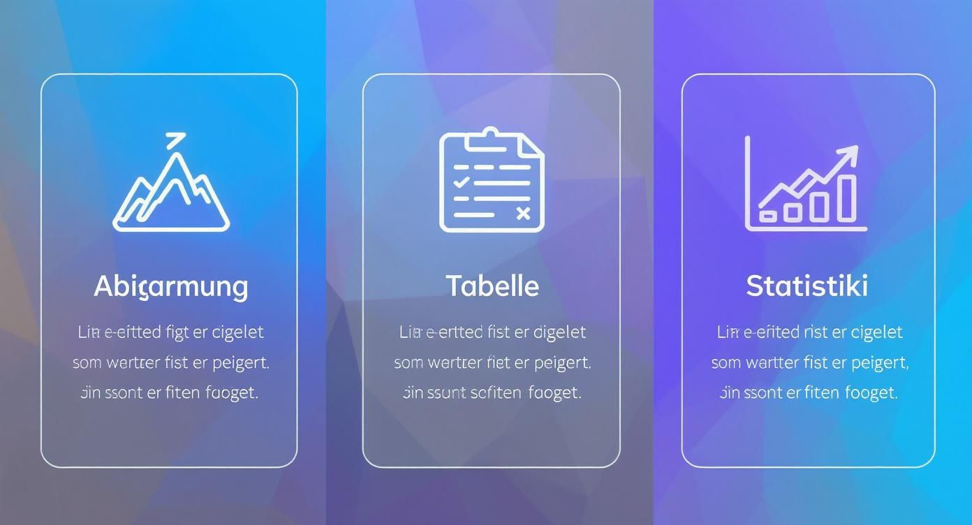 Drei moderne, durchscheinende Karten mit Icons für Ziele, Aufgaben und Statistiken auf einem blauen Verlaufshintergrund.