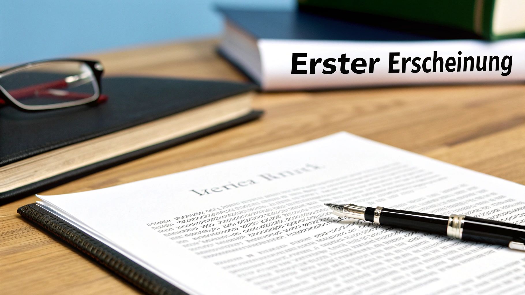 Erster Erscheinung eines wissenschaftlichen Dokuments mit Stift und Brille auf Schreibtisch