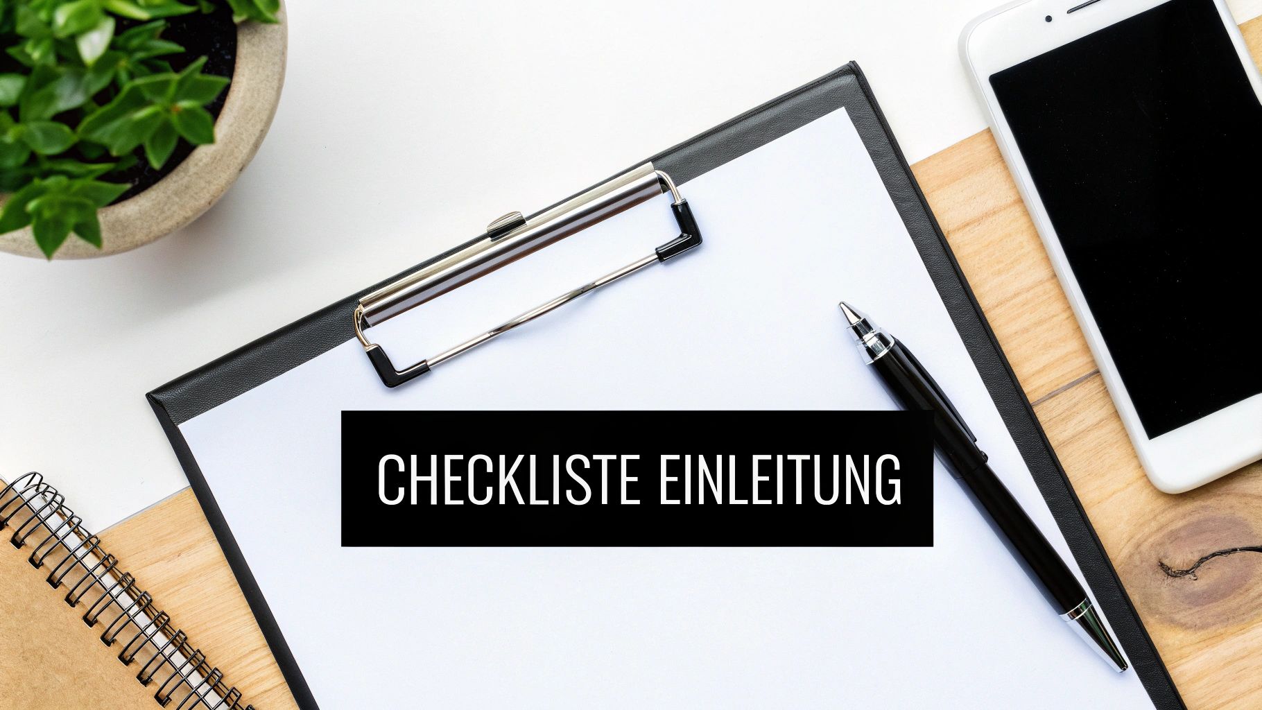 Auf einem Schreibtisch liegen ein Klemmbrett, Stift, Pflanze und Notizbuch, mit dem Text 'CHECKLISTE EINLEITUNG'.