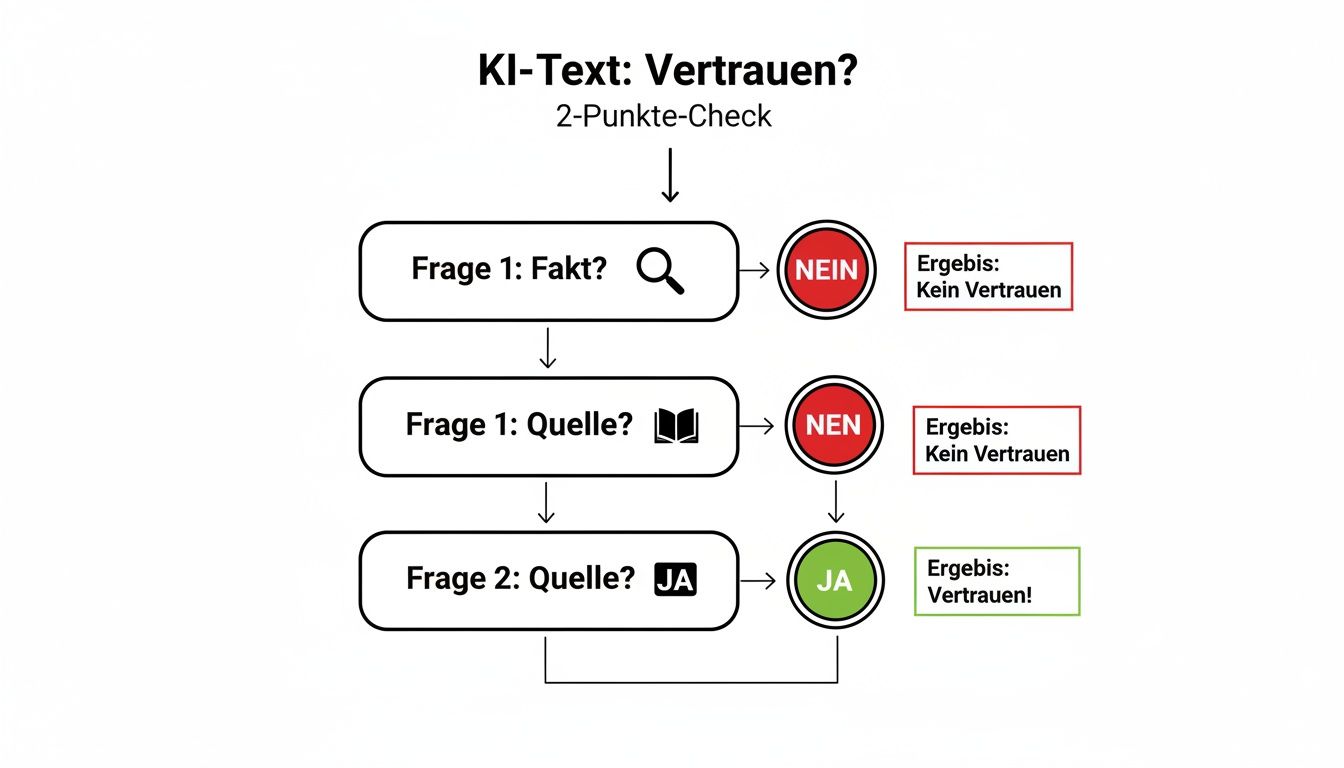 Flussdiagramm zur Überprüfung der Vertrauenswürdigkeit von KI-Texten durch einen 2-Punkte-Check.