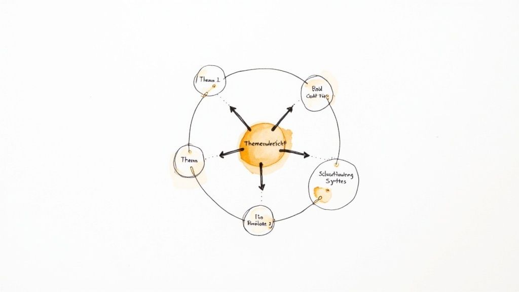Eine schematische Themenübersicht mit einem zentralen Punkt und fünf damit verbundenen Unterthemen in Kreisen, ideal für eine Bachelorarbeit.