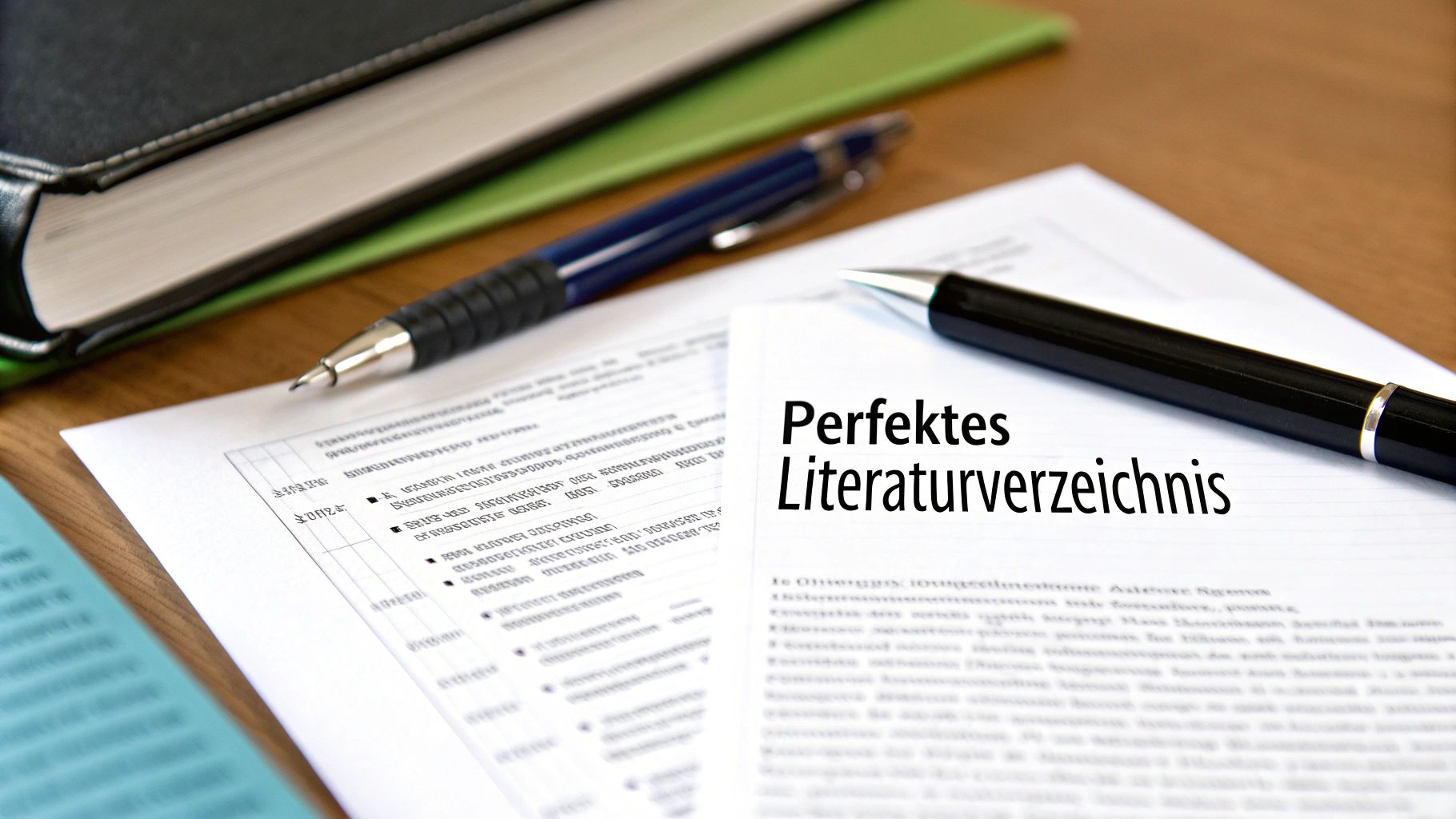 Nahaufnahme eines Schreibtisches mit Buch, zwei Stiften und Papieren, eines davon mit 'Perfektes Literaturverzeichnis' überschrieben.