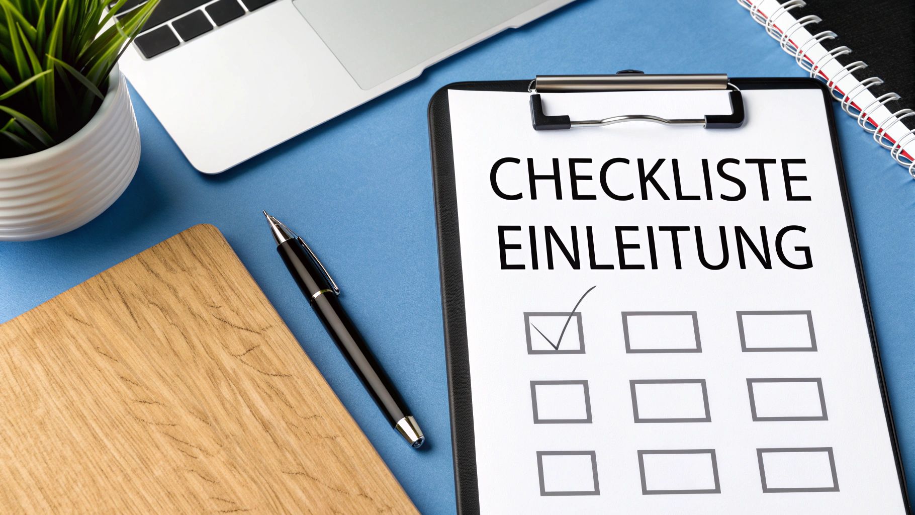 Ein Schreibtisch-Flatlay mit einer Checkliste zur Einleitung, Stift, Laptop und Pflanze.