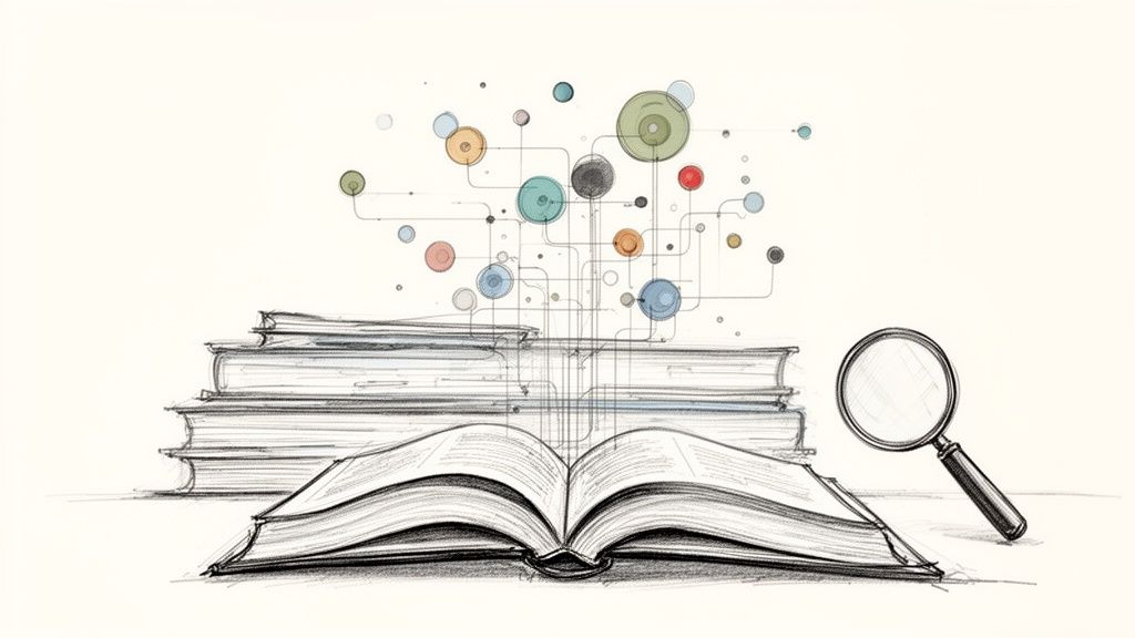 Skizze mit offenem Buch, Bücherstapel, Lupe und vernetzten farbigen Kreisen, die Wissen und Forschung symbolisieren.