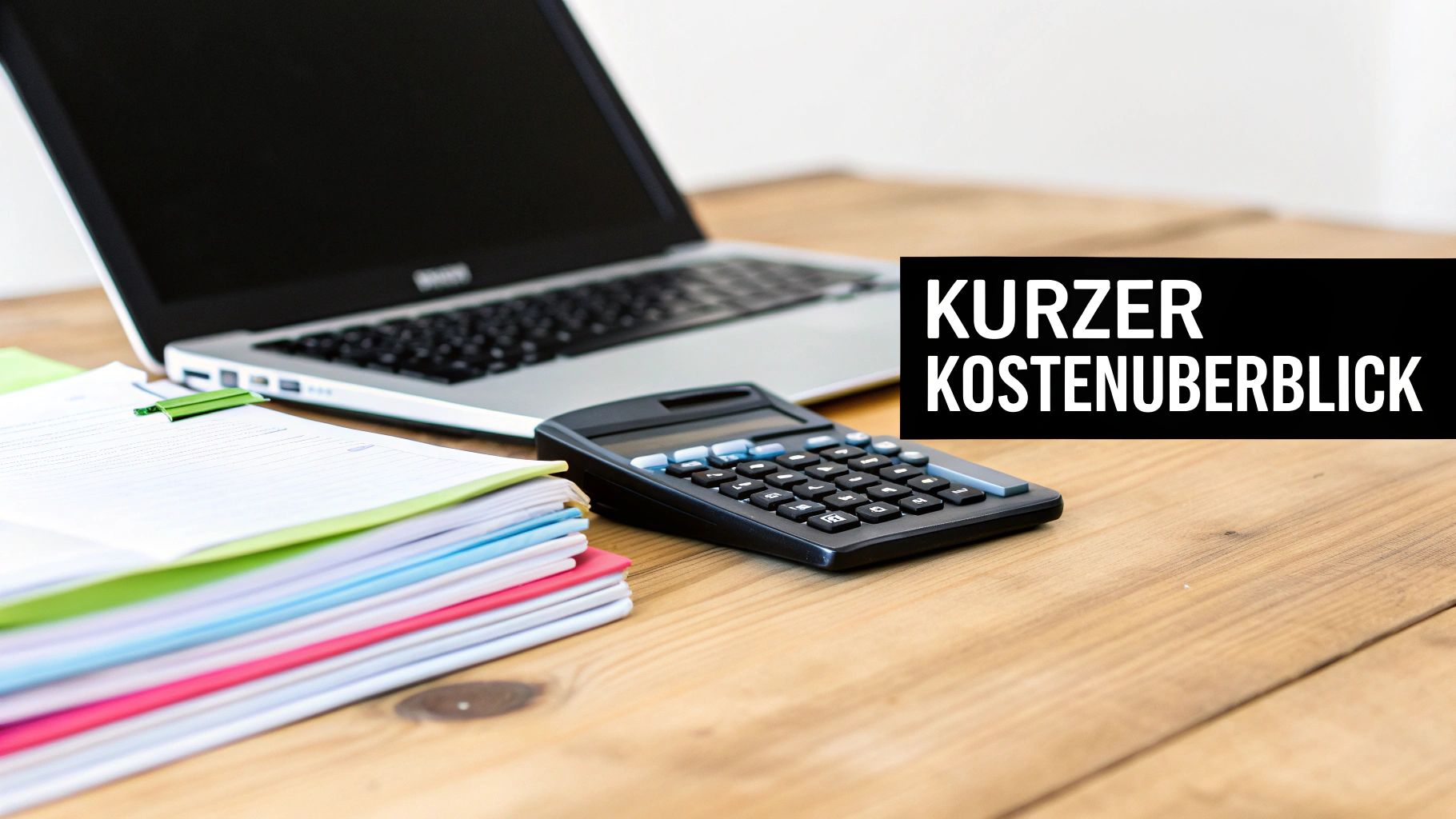 Ein Laptop, Taschenrechner und Dokumente liegen auf einem Holztisch, mit dem Text 