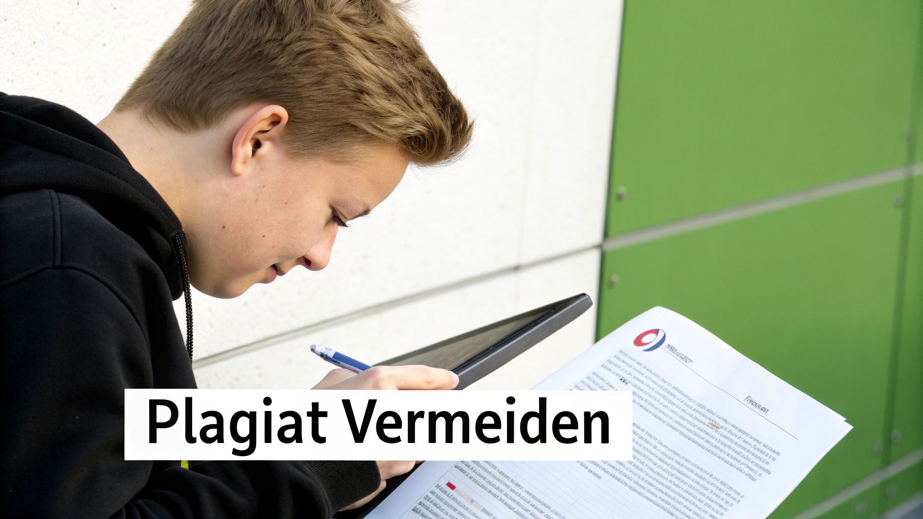 Ein junger Mann in einem Hoodie liest und arbeitet an einem Tablet und Dokumenten mit einem Stift. Der Text 'Plagiat Vermeiden' ist überlagert.