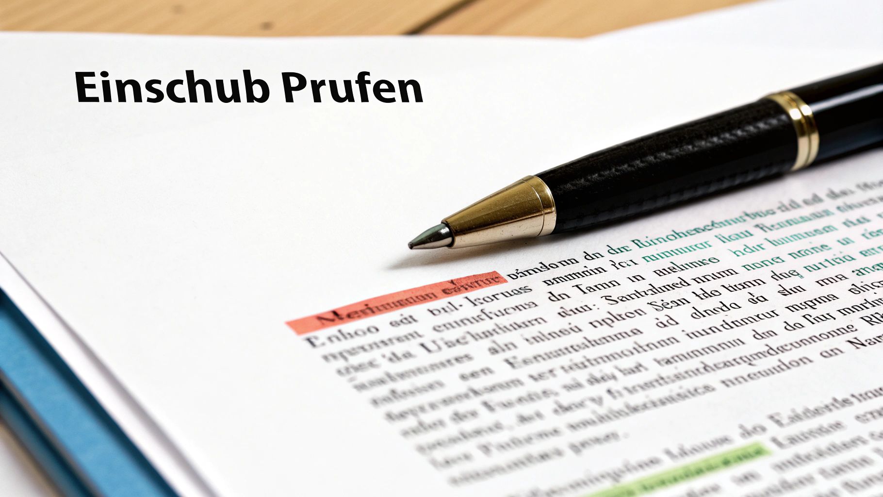 Eine Seite mit dem Titel 'Einschub Prüfen' und einem Stift, der einen Text markiert.