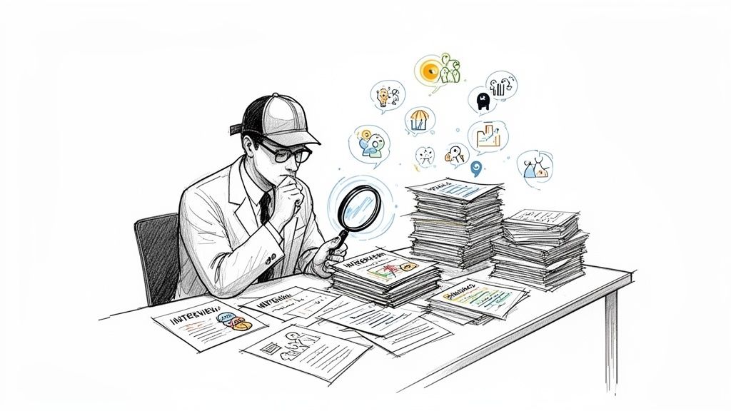 Ein Mann mit Lupe analysiert Dokumente auf einem Schreibtisch, umgeben von Papierstapeln und Gedankenblasen.