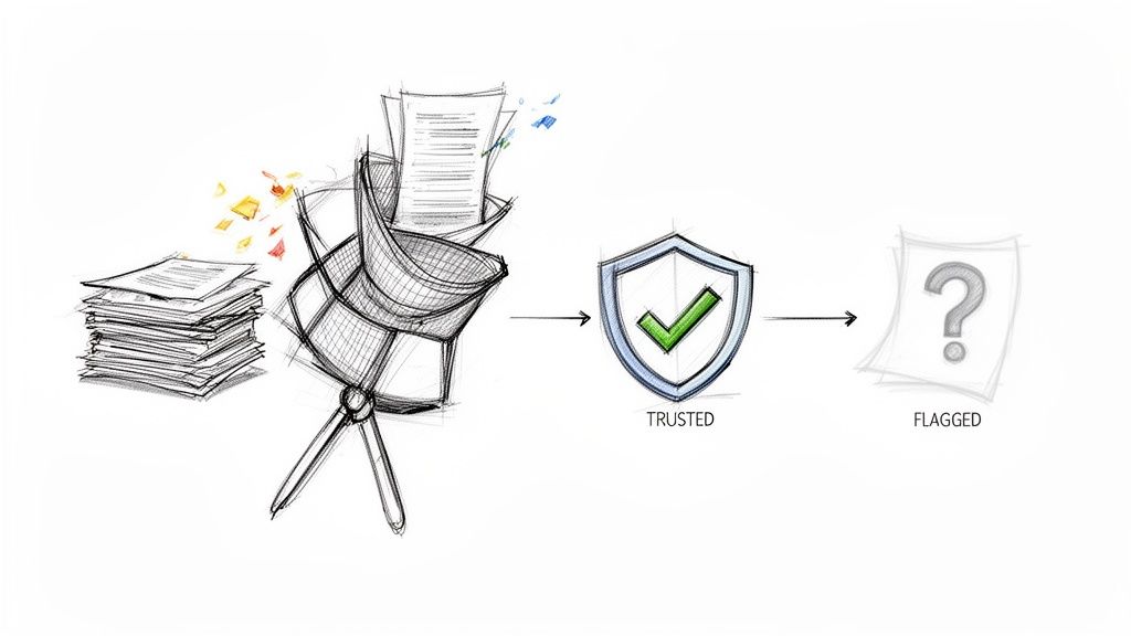 Abbildung zeigt Dokumentenprüfungsprozess: Papiere werden sortiert, als 'vertrauenswürdig' markiert oder 'gekennzeichnet'.