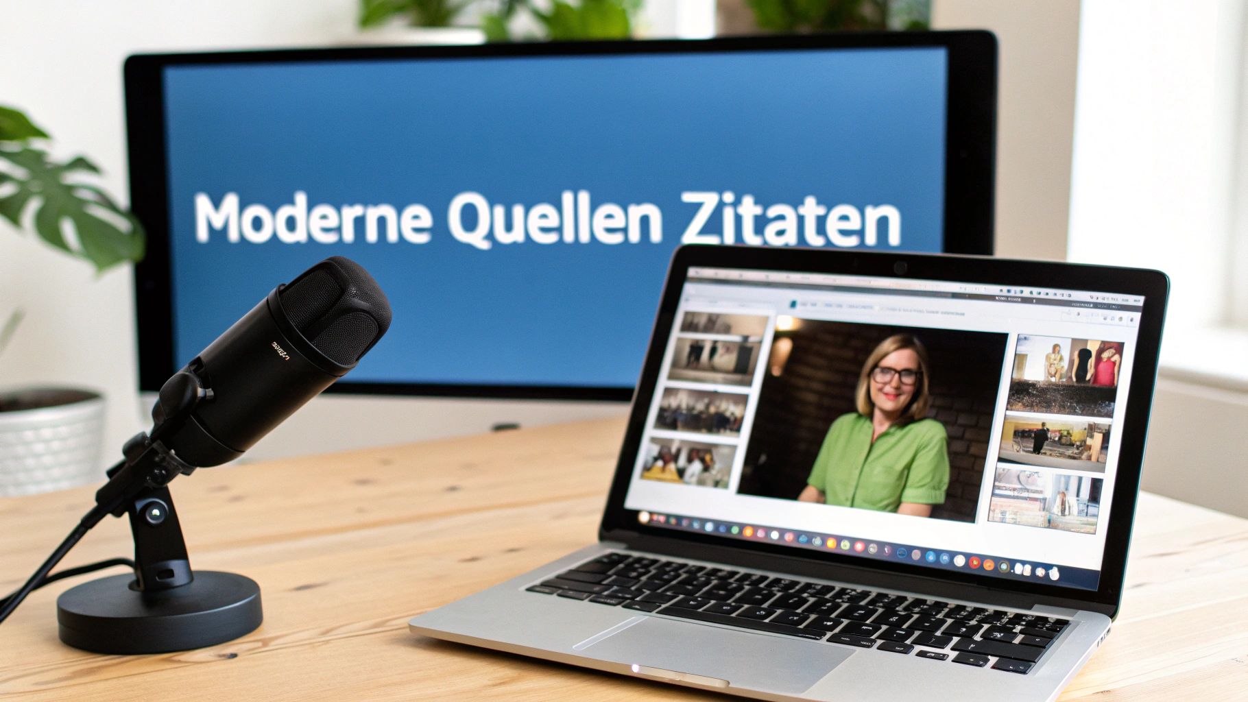 Ein Schreibtisch mit einem schwarzen Mikrofon, einem Laptop, der eine Online-Konferenz zeigt, und einem Monitor mit dem Titel 
