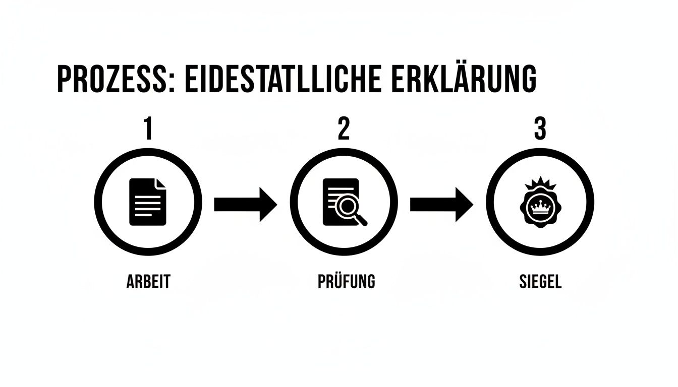 Ein dreistufiger Prozess für eine eidesstattliche Erklärung, bestehend aus Arbeit, Prüfung und Siegel.