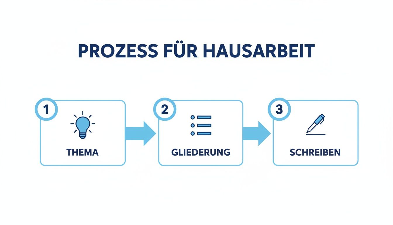 Infografik: Dreistufiger Prozess für Hausarbeiten mit Thema, Gliederung und Schreiben.
