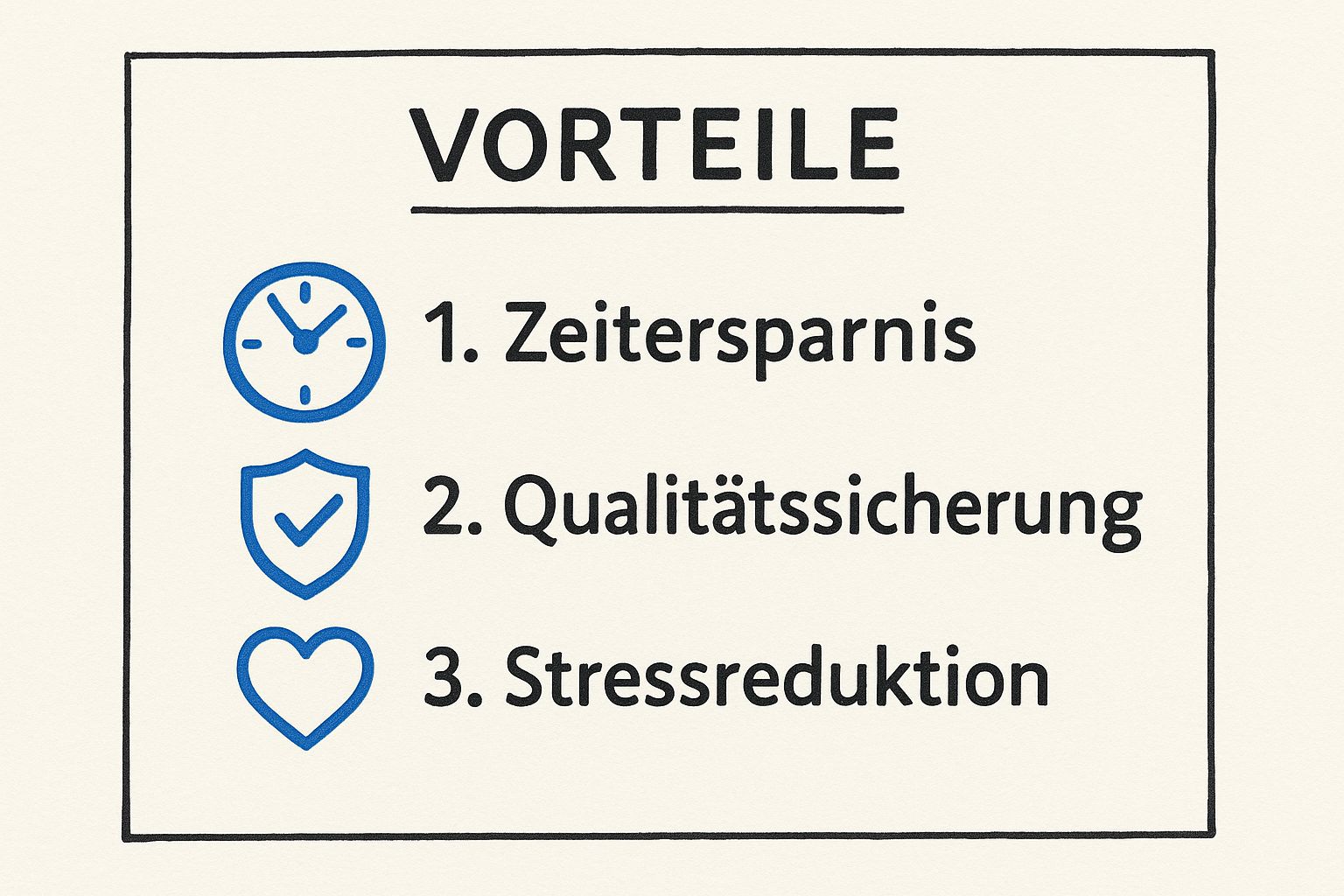 Infografik mit den Vorteilen Zeitersparnis, Qualitätssicherung und Stressreduktion