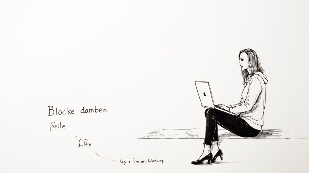Junge Frau sitzt mit Laptop und arbeitet an ihrer Seminararbeit, Illustration digitales Lernen