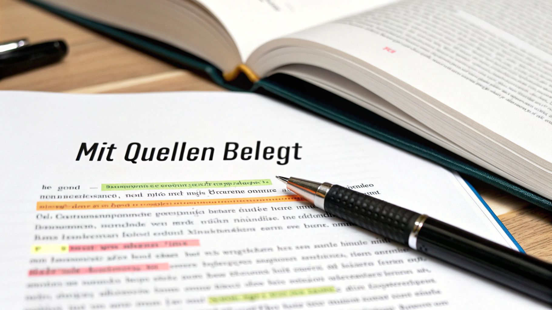 Dokument 'Mit Quellen Belegt' mit Textmarker-Highlightings, Stift und offenem Buch im Hintergrund.