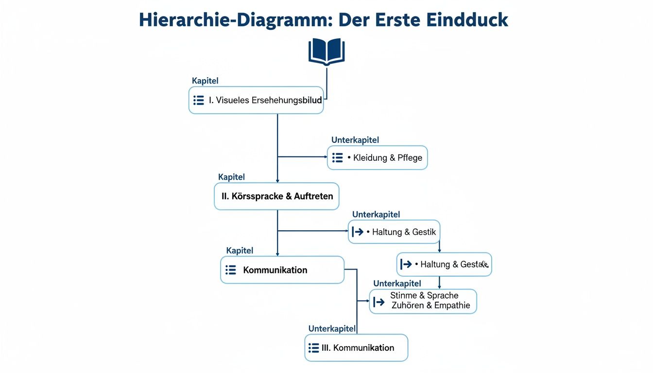 Hierarchisches Diagramm zum ersten Eindruck, mit Kapiteln über visuelles Erscheinungsbild, Körpersprache und Kommunikation.