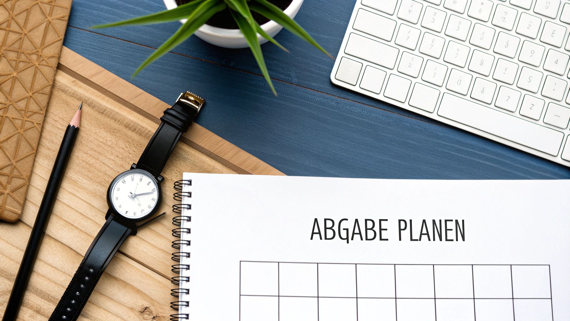 Schreibtisch-Flatlay mit Notizbuch 'ABGABE PLANEN', Bleistift, Uhr, Tastatur und Pflanze zur Studienorganisation.