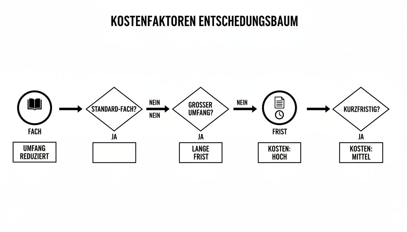 Entscheidungsbaum für Kostenfaktoren beim Schreiben lassen von Hausarbeiten, basierend auf Fach, Umfang und Frist.