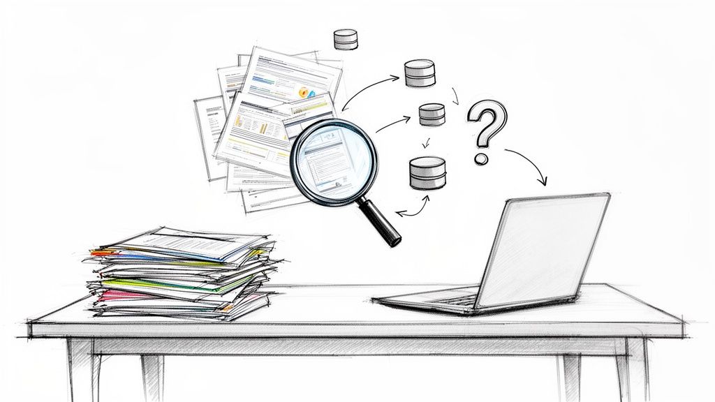 Skizze zeigt Dokumentensuche, Datenanalyse und Problemfindung mit Laptop, Papieren und Lupe.