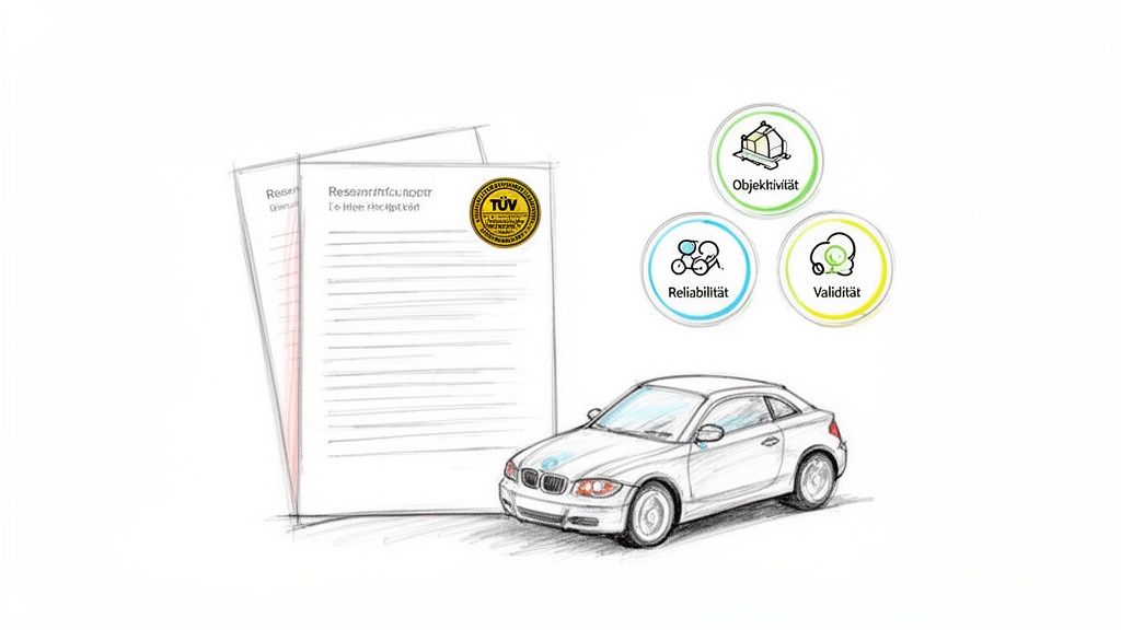 Skizze mit TÜV-Dokumenten, einem Auto und den Gütekriterien Objektivität, Reliabilität und Validität.