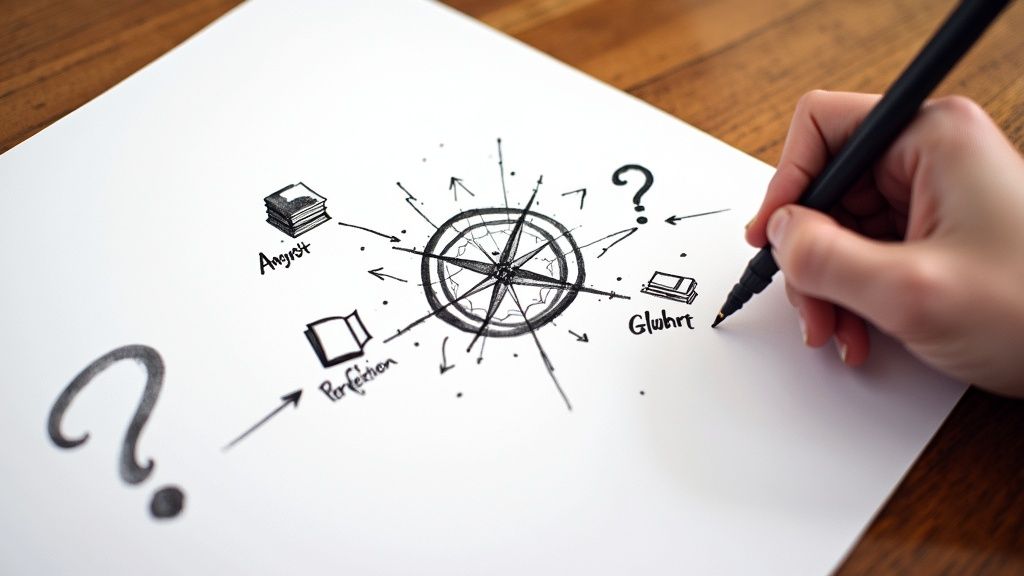 Eine Studentin sitzt nachdenklich vor einem leeren Blatt Papier auf ihrem Schreibtisch.