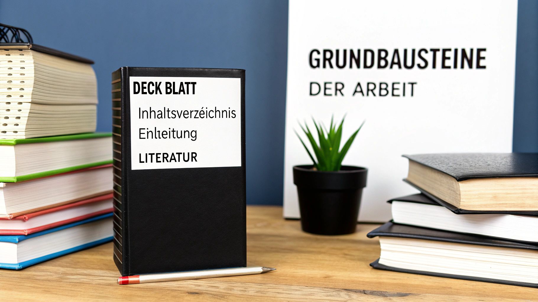Nahaufnahme eines Schreibtisches mit Büchern, einer Pflanze und Dokumenten zu Studienarbeiten und Literatur.