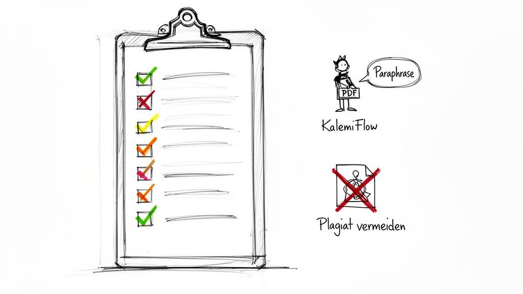 Eine Skizze mit einer Aufgabenliste, einem Tool zum Paraphrasieren von PDFs und einem Hinweis zur Plagiatsvermeidung.