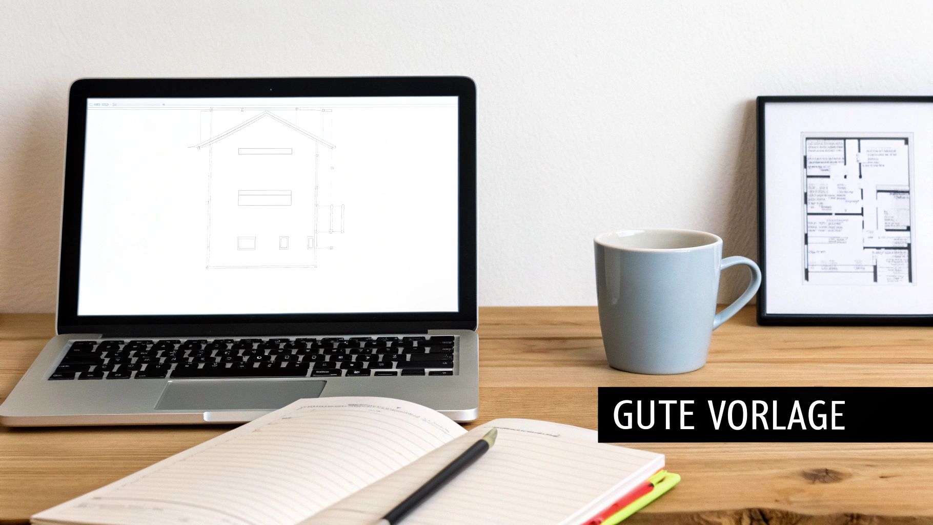 Schreibtisch mit Laptop, der eine Bauzeichnung zeigt, Notizbuch, Stift und eine Tasse Kaffee.