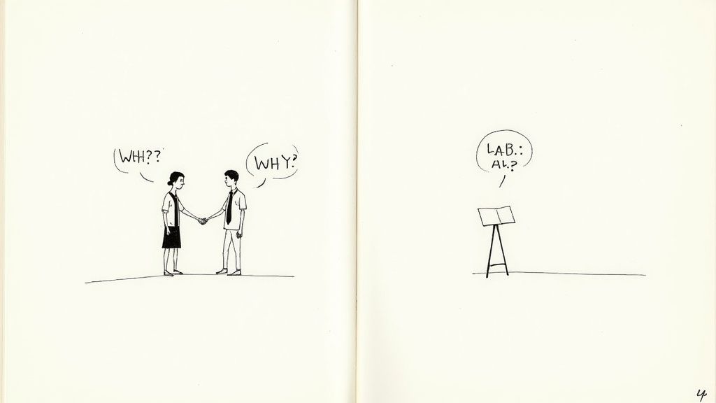 Illustration zur Unterscheidung von qualitativer und quantitativer Forschung mit fragenden Personen und einem Buch.