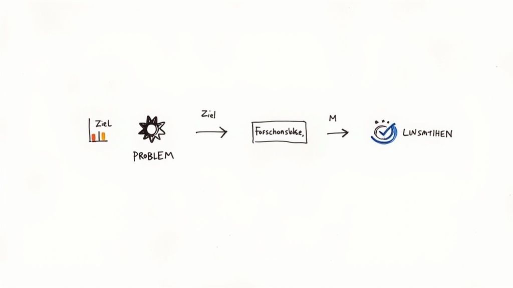 Flussdiagramm zeigt den Weg von einem Ziel und Problem über eine Forschungslücke zur Lösung.
