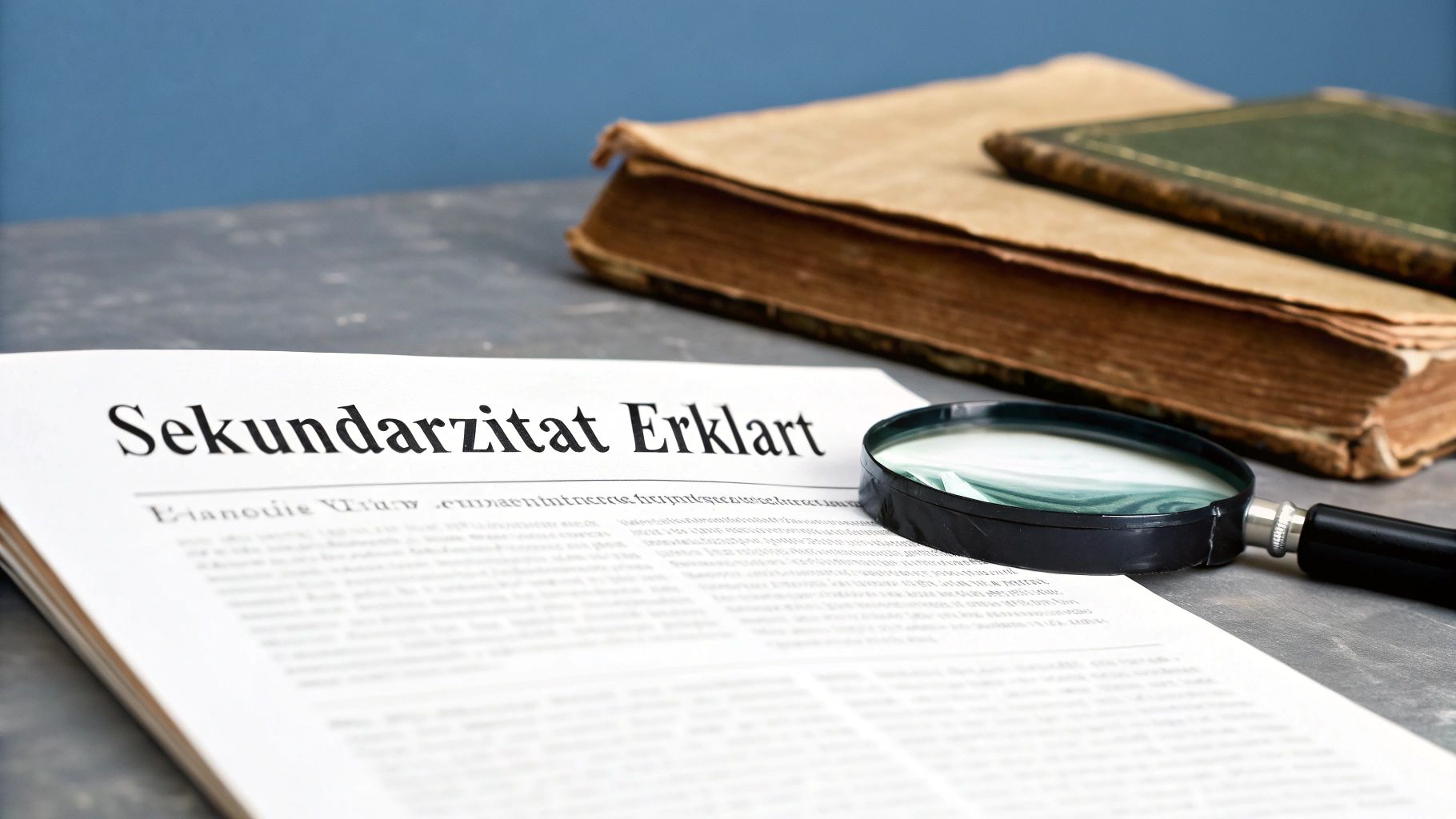 Nahaufnahme eines Dokuments 'Sekundärzitat Erklärt' mit Lupe und alten Büchern auf grauem Tisch.