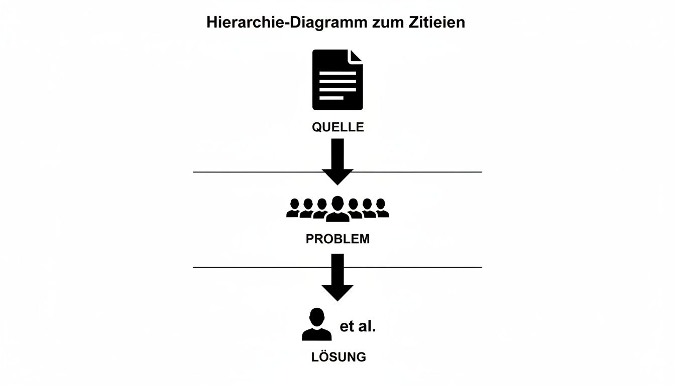 Hierarchie-Diagramm zum Zitieren, das die Schritte Quelle, Problem und Lösung (et al.) darstellt.