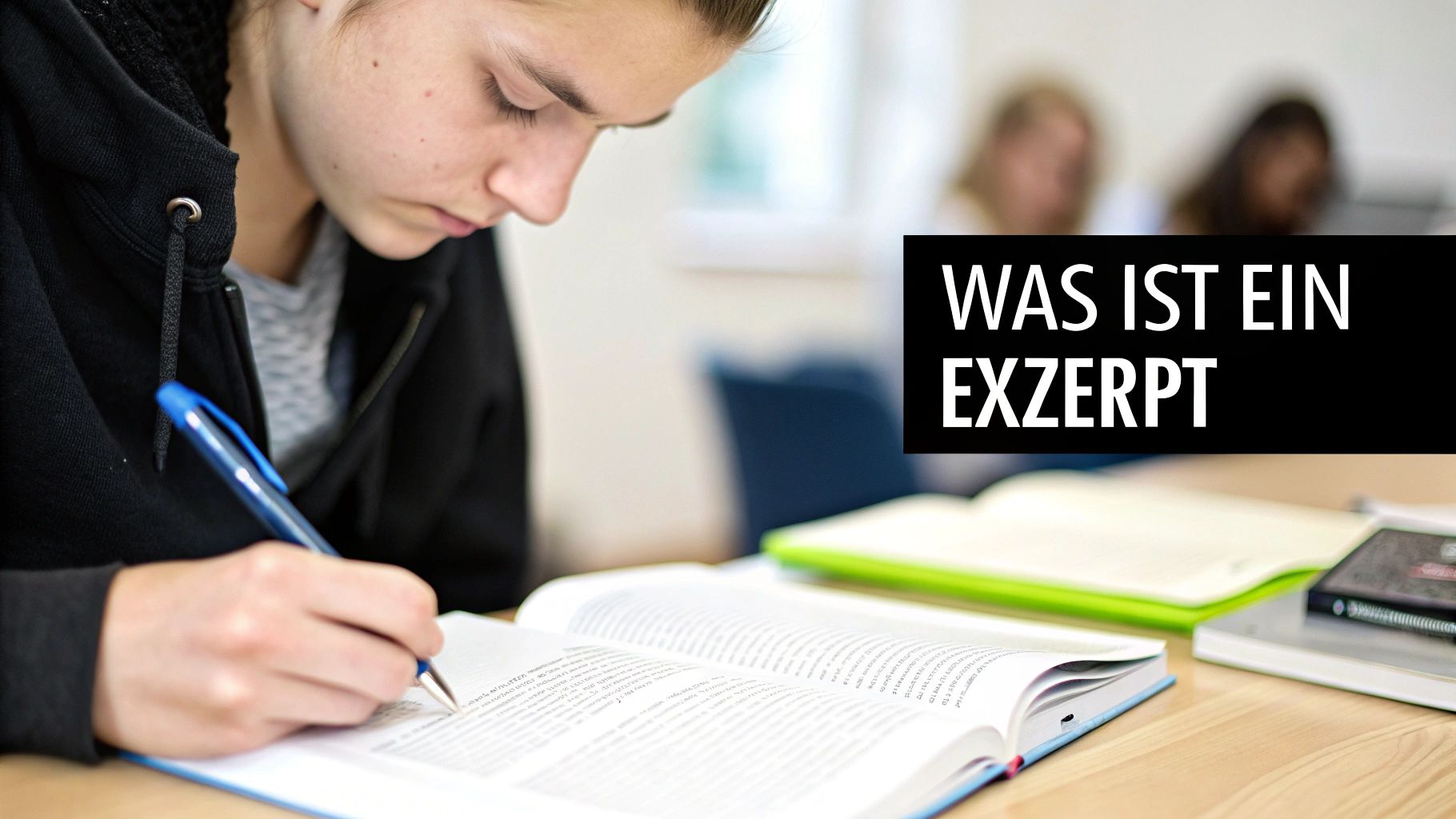 Eine Person schreibt in einem offenen Buch mit einem blauen Stift, während im Hintergrund der Text 