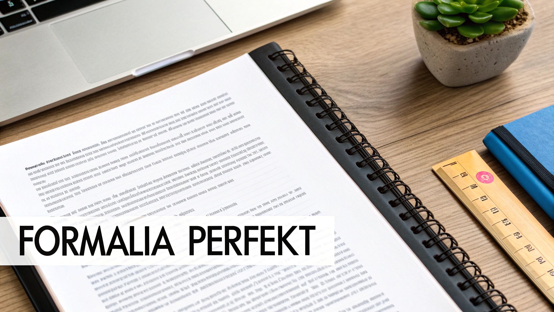 Ein ordentlicher Schreibtisch mit Laptop, Dokument, Pflanze und Büromaterialien, auf dem Dokument steht 'FORMALIA PERFEKT'.