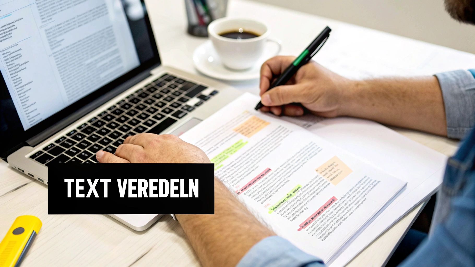 Eine Studentin überarbeitet konzentriert ein Dokument auf ihrem Laptop, was den Prozess der Humanisierung eines KI-Textes darstellt.