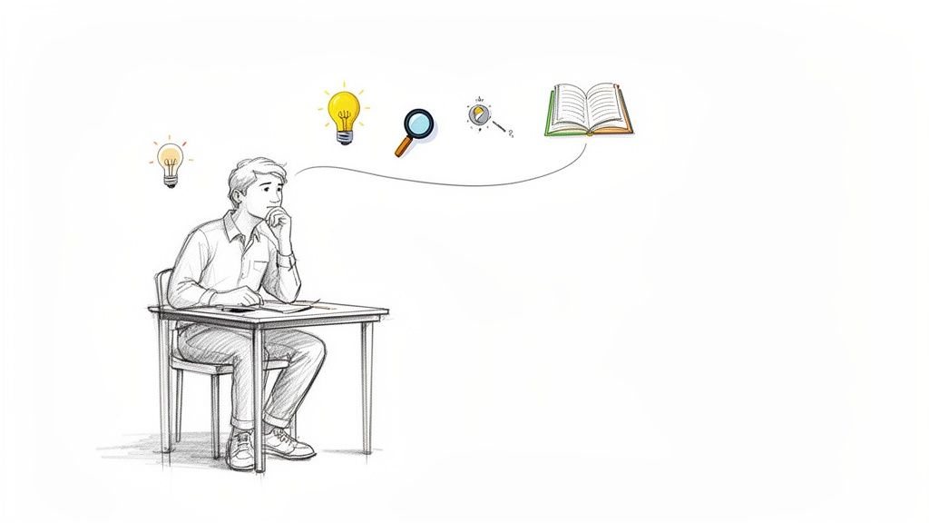 Mann sitzt am Schreibtisch, denkt nach, umgeben von Icons für Ideen, Forschung und Wissen.