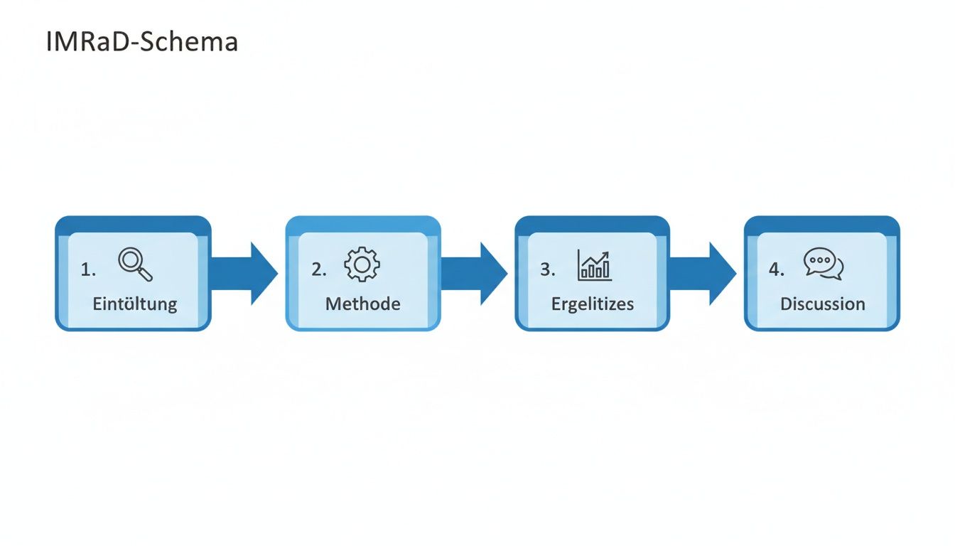 Flussdiagramm des IMRaD-Schemas, das die Schritte Einleitung, Methode, Ergebnisse und Diskussion darstellt.