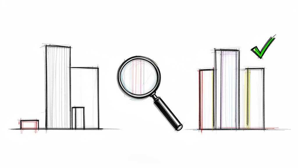 Skizze eines unordentlichen Balkendiagramms, einer Lupe und eines korrigierten Balkendiagramms mit Häkchen, symbolisierend Datenanalyse und Verbesserung.