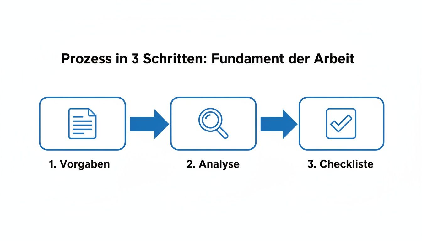 Ein 3-Schritte-Prozessdiagramm für die Arbeit, das Vorgaben, Analyse und Checkliste darstellt.